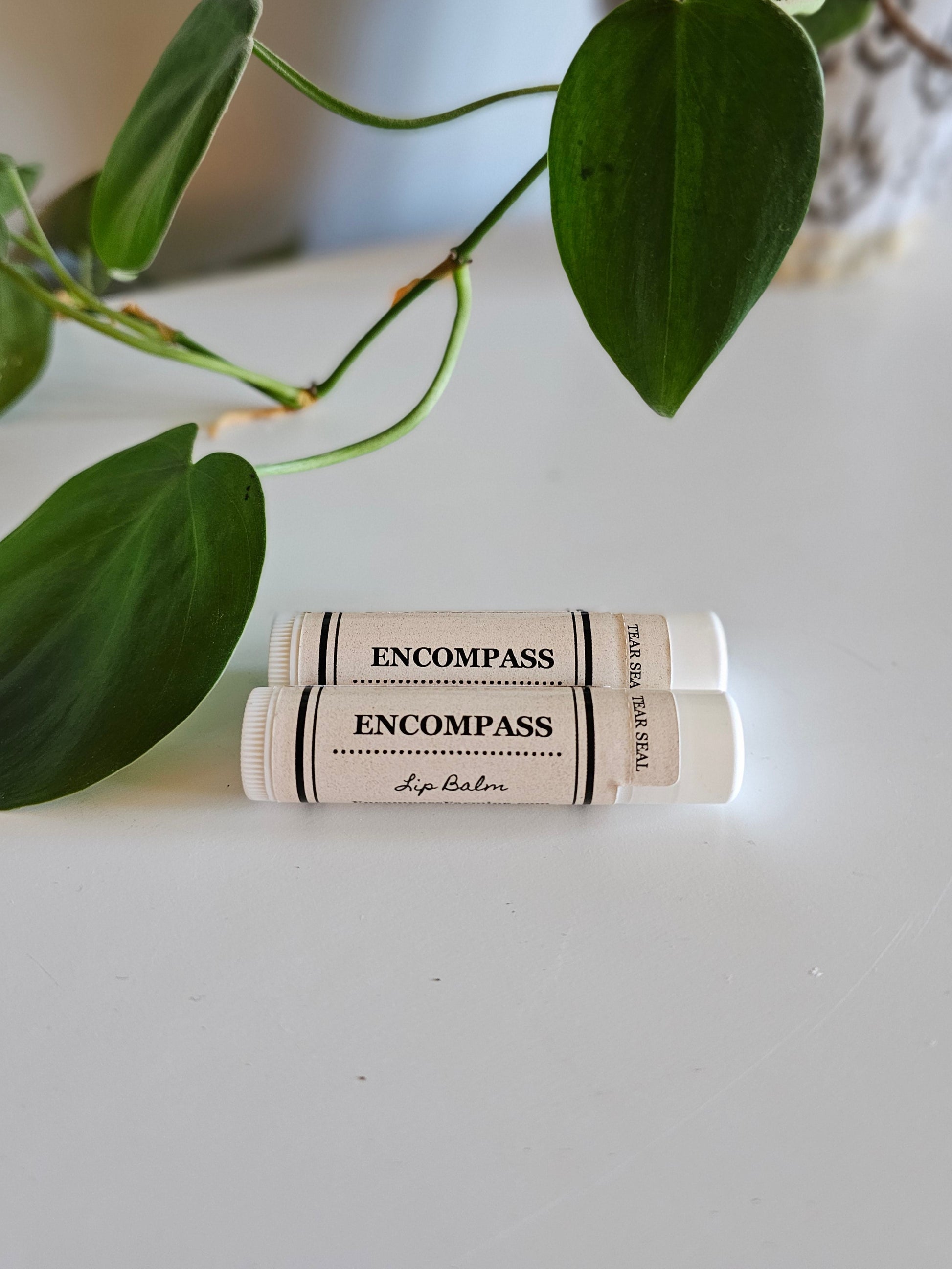 Two Encompass lip balm tubes on a white surface with green leaves in the foreground.